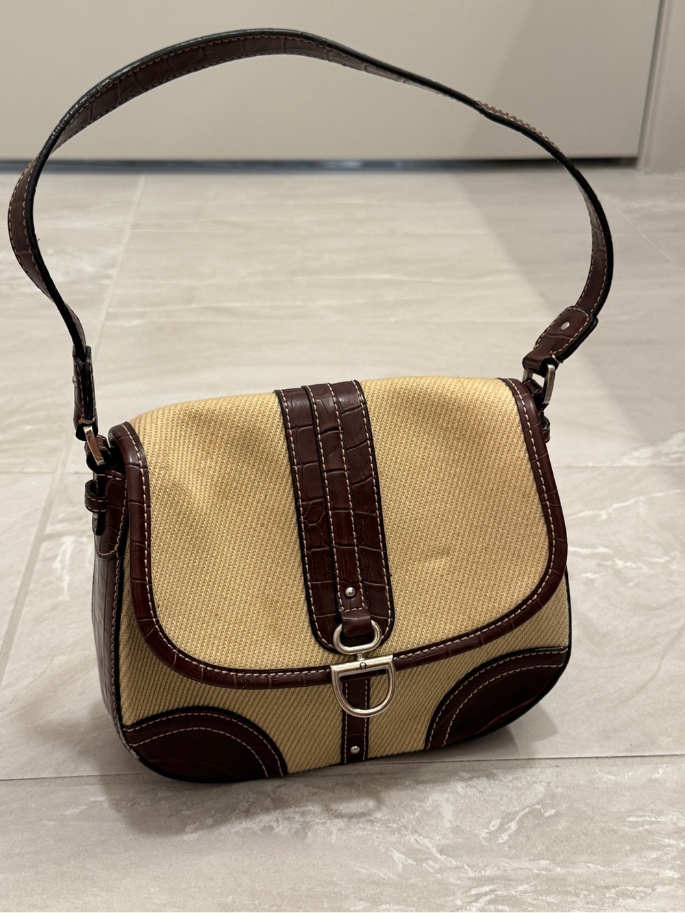 Etienne Aigner Canvas Shoulder Bag Beige Brown Logo Classic Preppy Vintage